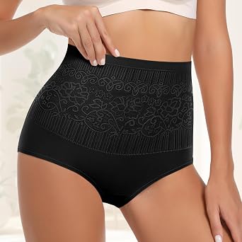 4pcs Sexy High Waist Panties,Floral Lace Solid Color Breathable Intimates Briefs Tummy Lifting Buttocks Shaping