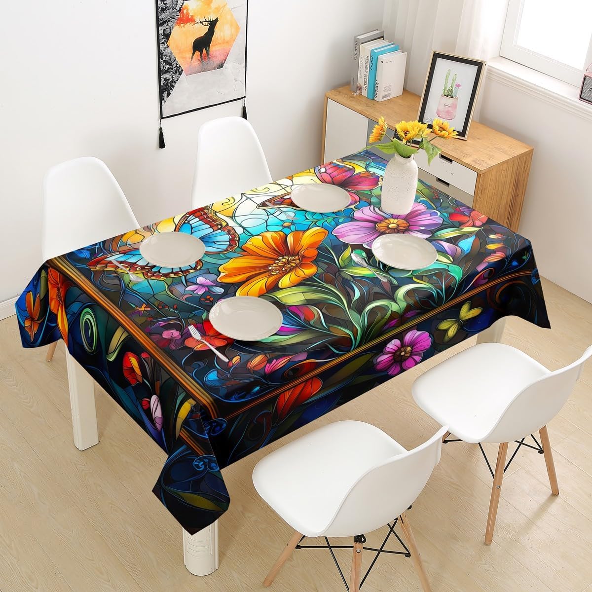 Vintage Colorful Floral Tablecloths,Gothic Baroque Style Table Cloth,Butterfly Flower Botanical Table Accessories for Kids Girls Boys Women Room Decor,Abstract Luxury Table Cover,55"x87"
