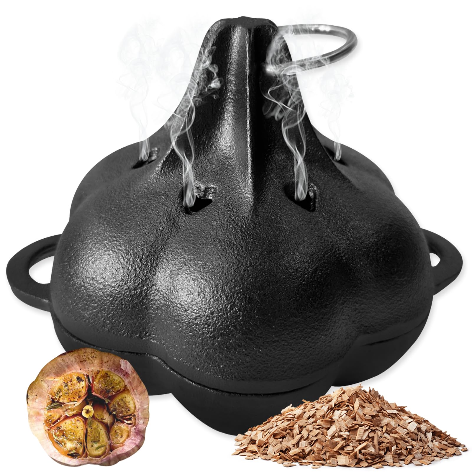 Ahumador y asador de ajo de hierro fundido pre-sazonado, resistente con tapa y caja de ahumador para virutas de madera, cocina para ahumadores al aire libre 3