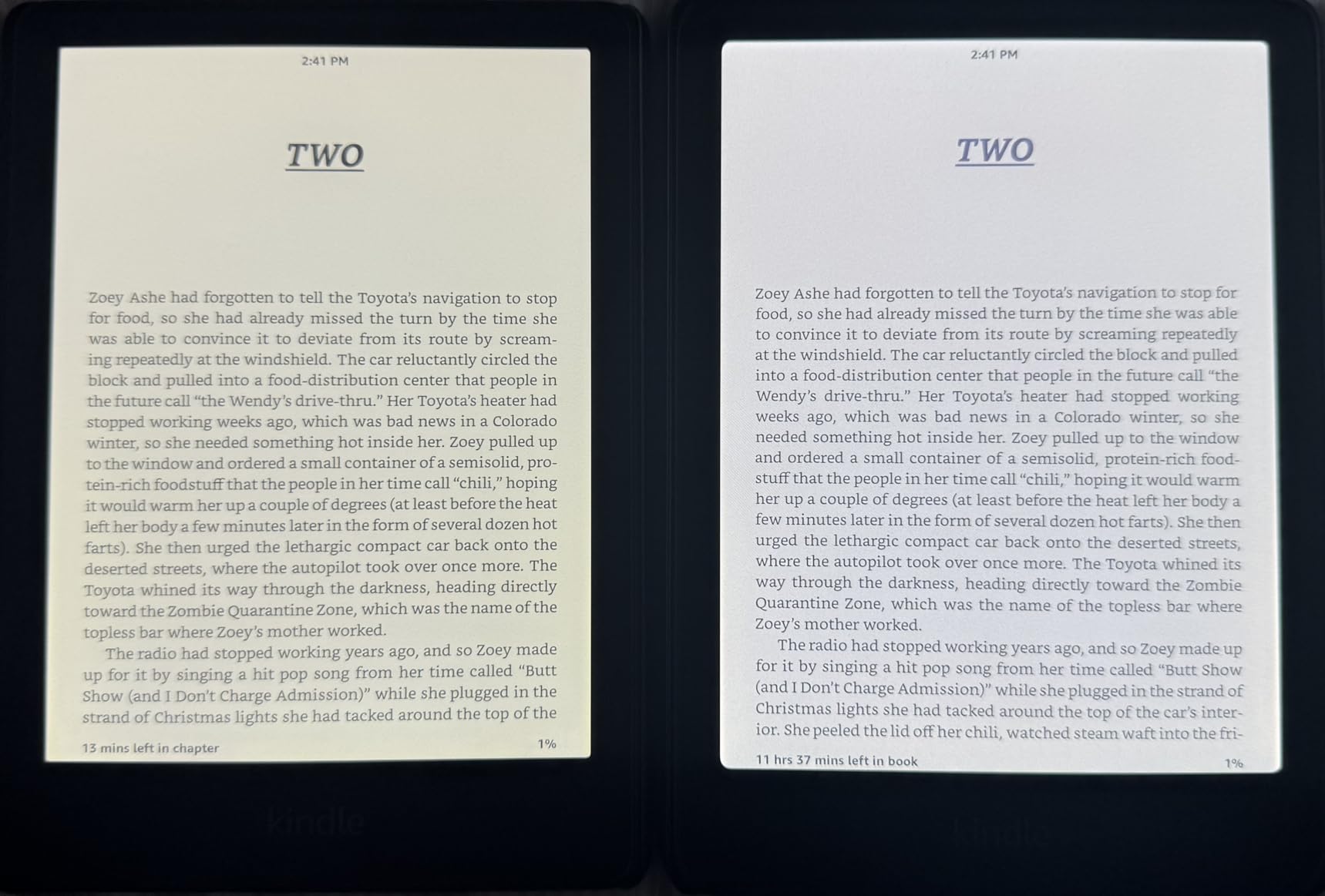 Side-by-side text comparison between Kindle Colorsoft and Paperwhite
