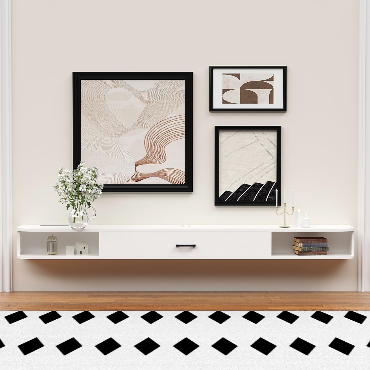 GHC Floating TV Stand, 75'' Wall Mounted TV Cabinet, Floating Shelves with Door, Media Console for DVD Player, Space-Saving Under TV Shelf for Bedroom & Living Room (White)