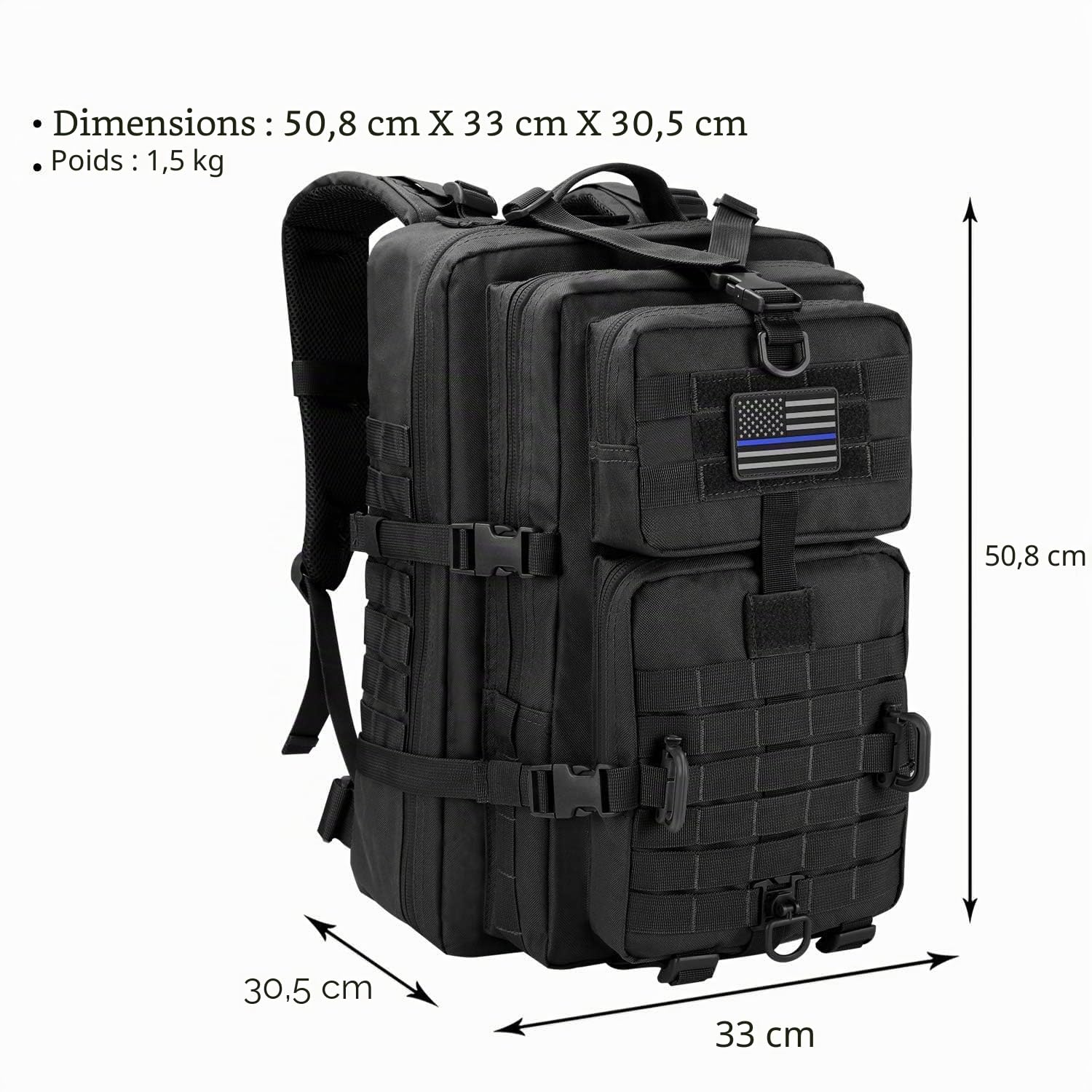 Hannibal Tactical Sac à dos Style Tactique Militaire, 40L Grand Volume Sac à Dos Multifonction, pour Randonnée, Alpinisme, Escaladed, École, Mousqueton D Forme Noir