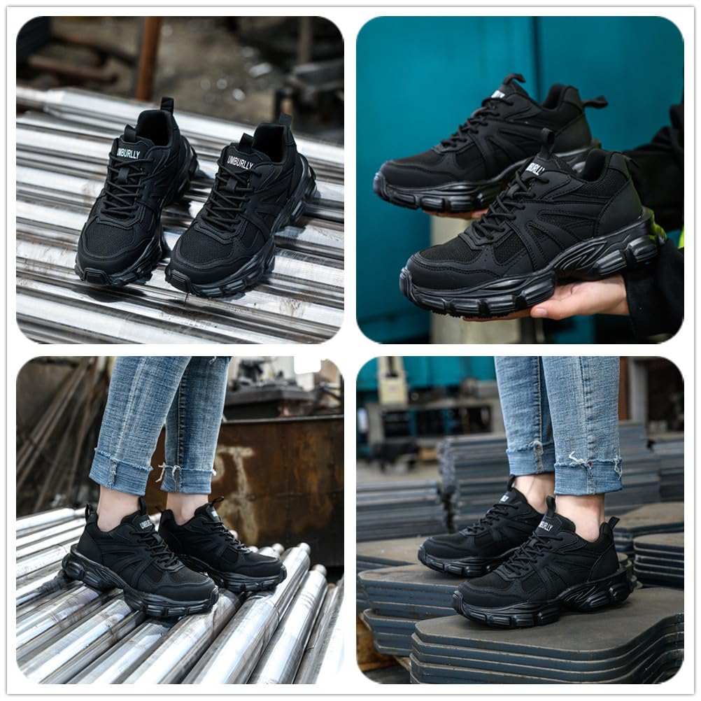 Sicherheitsschuhe für Damen, Stahlkappe, Sneaker, Arbeitssicherheitsschuhe, leicht, atmungsaktiv, Industrie-Sneaker, rutschfest, pannensicher, Schwarz , 39 EU