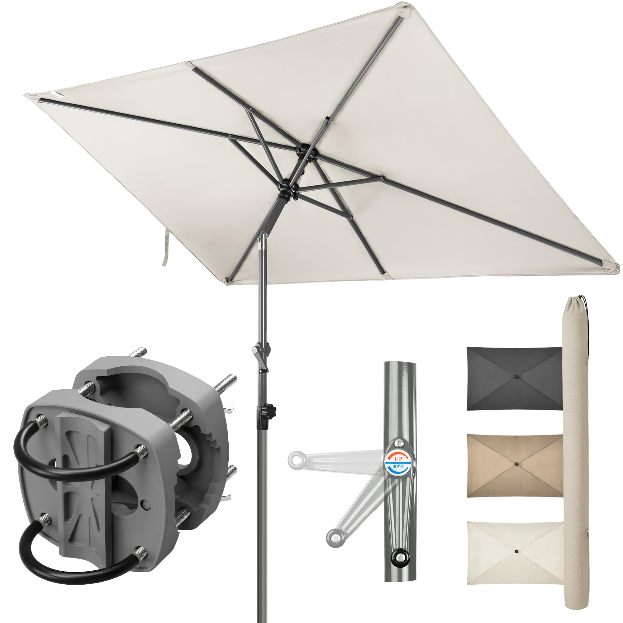 Menz Sonnenschirm Balkon - 3-IN-1 Sonnenschutz Balkon SET UPF 50+ Sonnenschirm rechteckig 200 x 125cm + Sonnenschirmhalter Balkongeländer + Sonnenschirmhülle