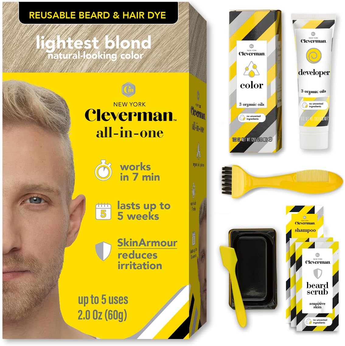 - Reusable Hair & Beard Dye for Men – Lightest Blond 10.03 | Up to 5 Uses, 7 Minutes | Natural Gray Coverage, No-Drip Cream with SkinArmour® – Cleverman