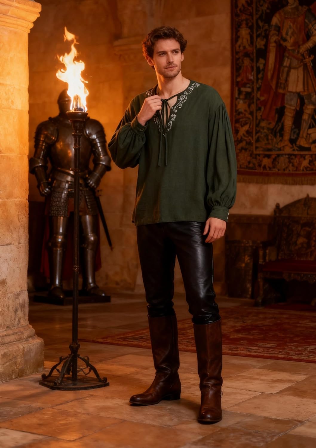 Medieval Retro Hunter Shirt Renaissance Witch Loose Top V-Neck Puff Sleeve Pirate Costume for Men Women