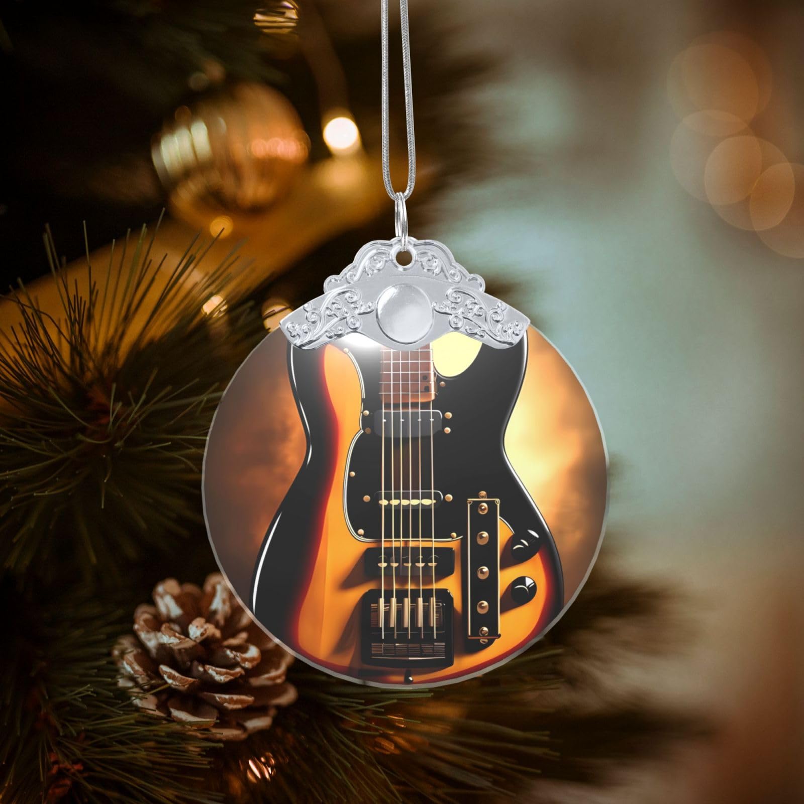 Crystal Christmas Ornaments for Christmas Tree Decoration Hanging Instrumental Guitar Ornament with Gold Ribbon Crafts Round Pendant for Keepsake Gifts Glass Xmas Decor Party Supplies