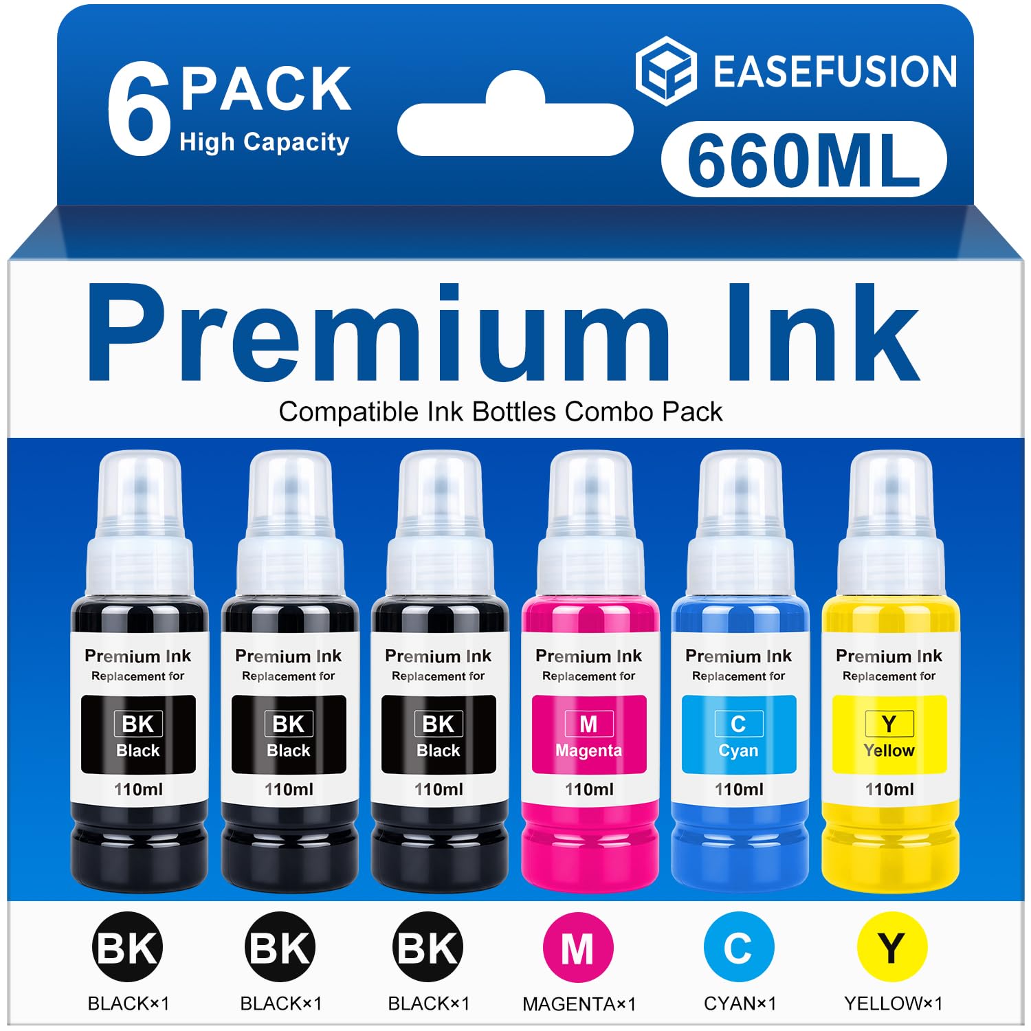 EaseFusion Compatible Ink Bottle Replacement for Epson 522 Ink, 6 Bottles