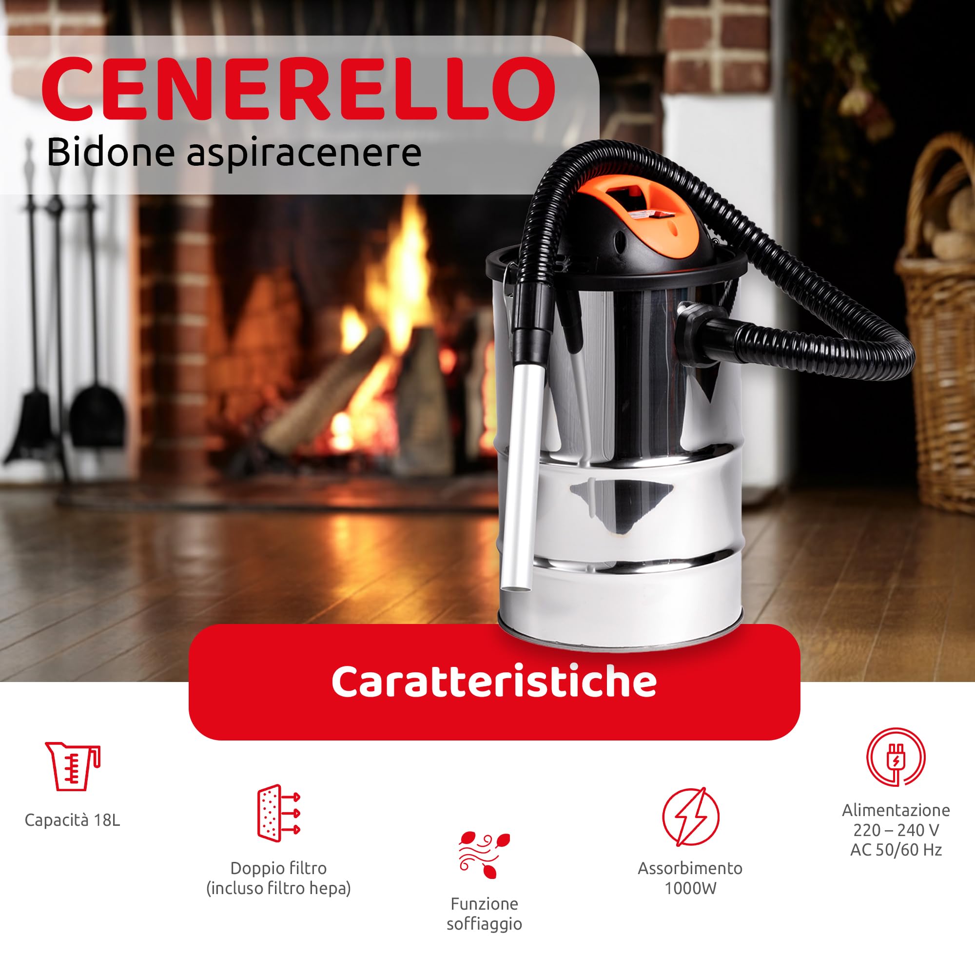 Melchioni Family, CENERELLO, Bidone Aspiracenere in Metallo con Doppio Filtro, Capacità 18 Litri, Nero, Tubo Flessibile 23cm, Cavo 2,3 mt