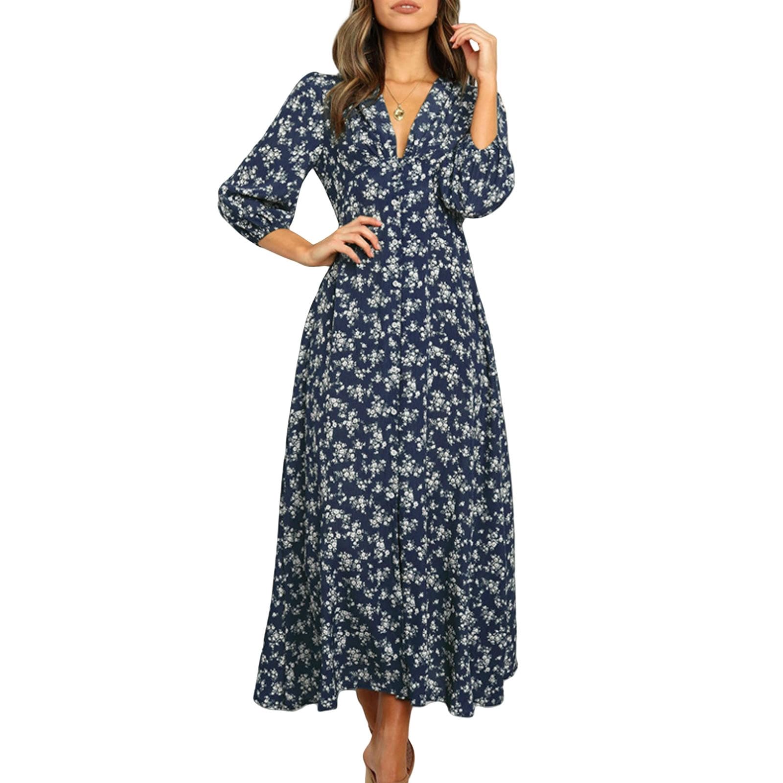 Damska Letnia Sukienka V Neck Latarka Rękawy Guziki Wysoka Talia Casual Retro Midi