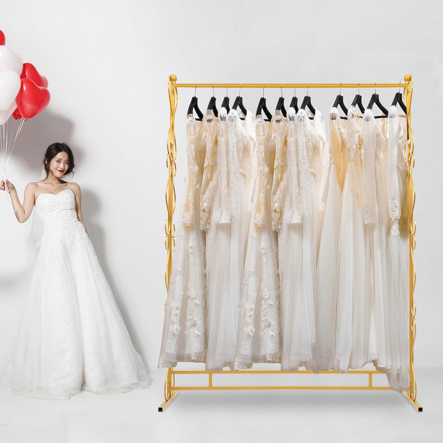 81"Tall Gold Clothing Rack for Hanging Long Dresses Clothes, Garment Racks Wedding Dress Display Stand Shoes Bags Clothes Scarf Organizer Freestanding Garment Rack for Retail Studio Wedding Dress