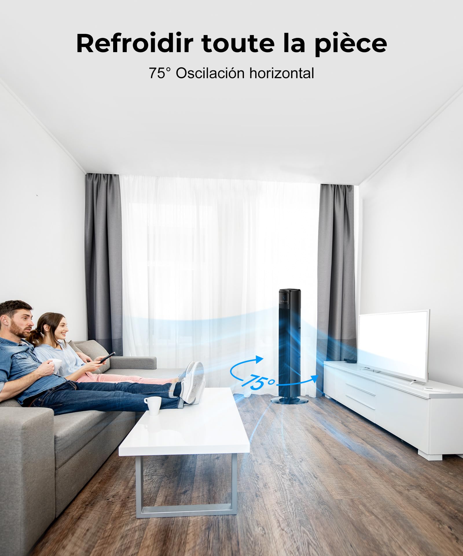 PNTCK Ventilador de columna para el dormitorio, ventilador silencioso con mando a distancia, ventilador oscilante de 90° con 4 velocidades, 4 modos, temporizador de 12 horas