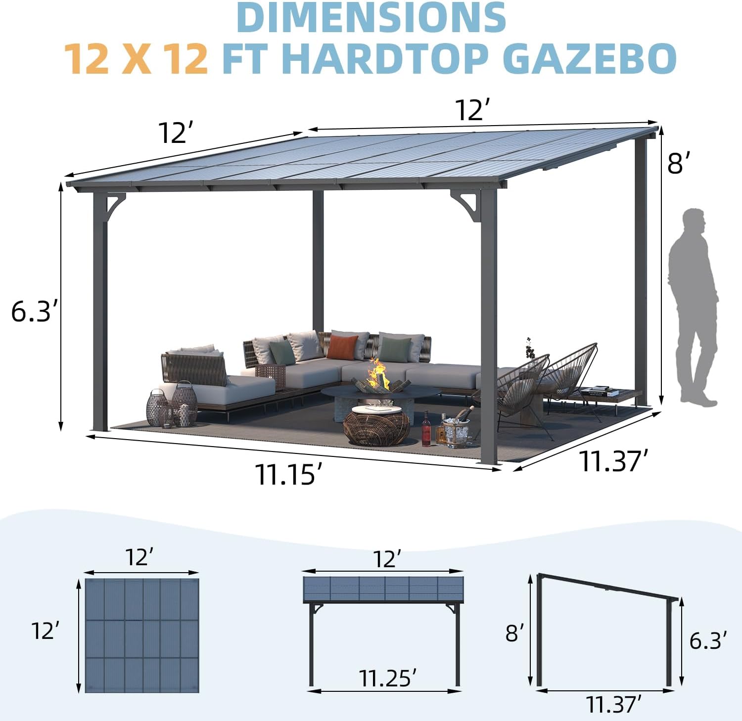 Dimensions diagram for AECOJOY 12x12 Gazebo