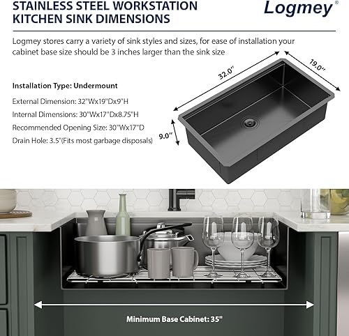 Miniatura 7 de Logmey - Fregadero de cocina negro 32 x 19 pulgadas, fregadero de cocina con repisa negra, fregadero de estación de trabajo, calibre 16, fregadero