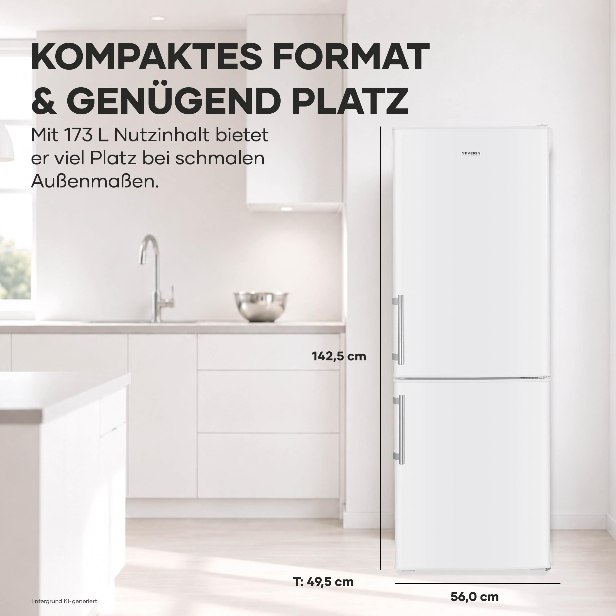 SEVERIN Kühl-Gefrierkombination, Energieeffizienzklasse C, Kühlen 121L, Gefrieren 52L, LED Beleuchtung, 142,5 cm Höhe, 4-Sterne-Gefrierfach, verstellbare Ablagefläche, 124 kWh, weiß/Metall, DT 8770