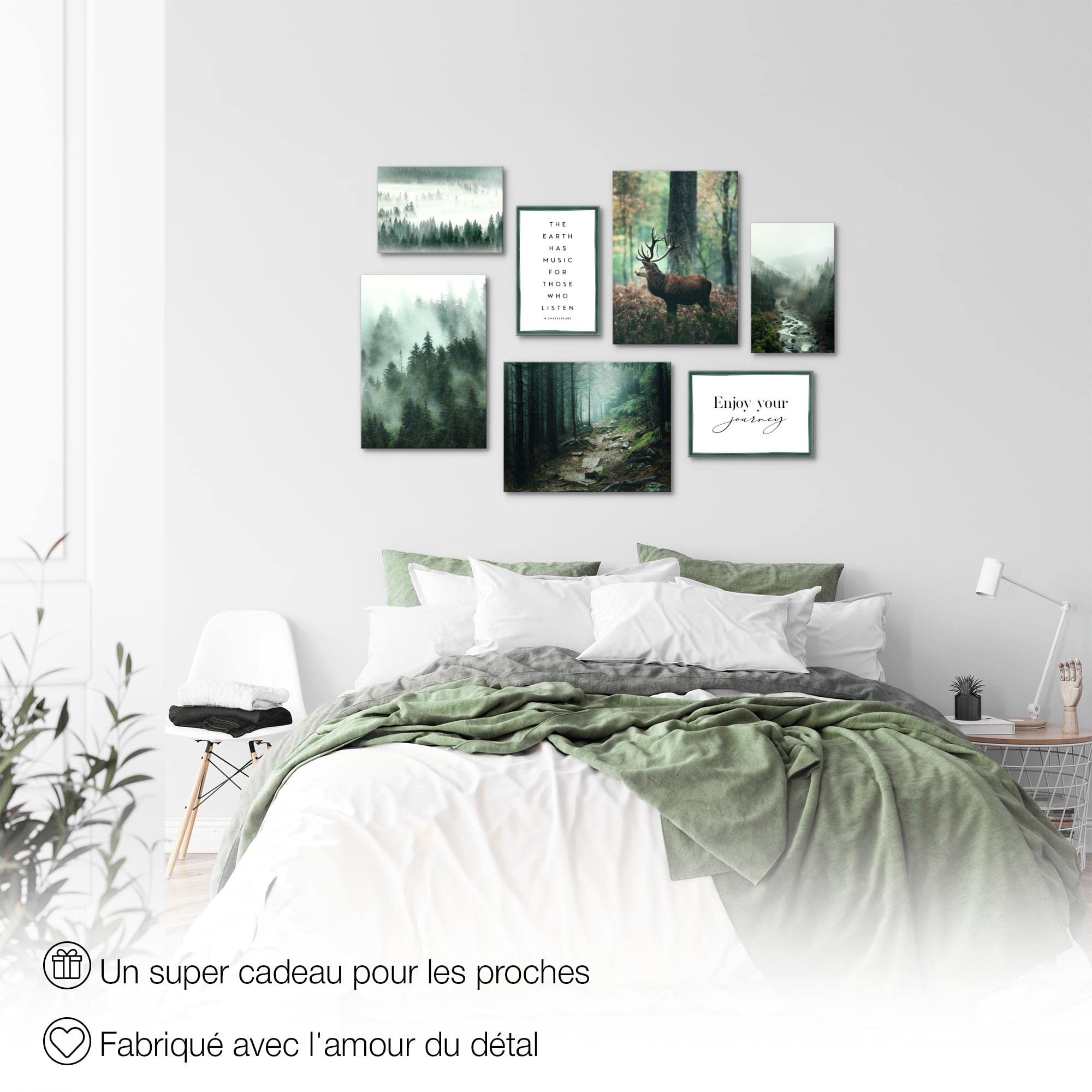 Novart- Tableau Décoration Murale- Wald Hirsch- Decoration Chambre Salon- Prêt à être Accroché- 7 Cadres de 30x40 & 20x30 cm- Vert- N004671a