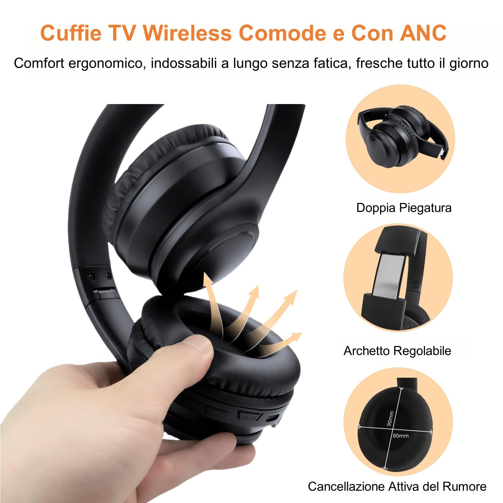 Cuffie TV Wireless con ANC Ibrido per Anziani, Trasmettitore 5-in-1 (Ottico/Coassiale/RCA/USB/AUX), Nessun Ritardo Audio, Voce Chiara, Compatibili con TV/PC