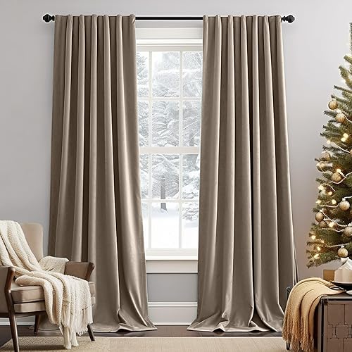 Lazzzy Tan Velvet Curtains Room Darkening Thermal Insulated Curtains 108 Inch Length Soundproof Noise Reducing Drapes for Bedroom Living Privacy Home Decor Rod Pocket, 2 Panels
