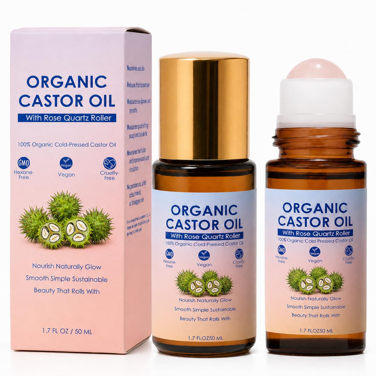 SDXJIOGE Organic Castor Oil with Rose Quartz Roller, 100% Pure Cold-Pressed, Organic Castor Oil Roll On Rose Quartz, Hexane-Free,Amber Glass Bottle