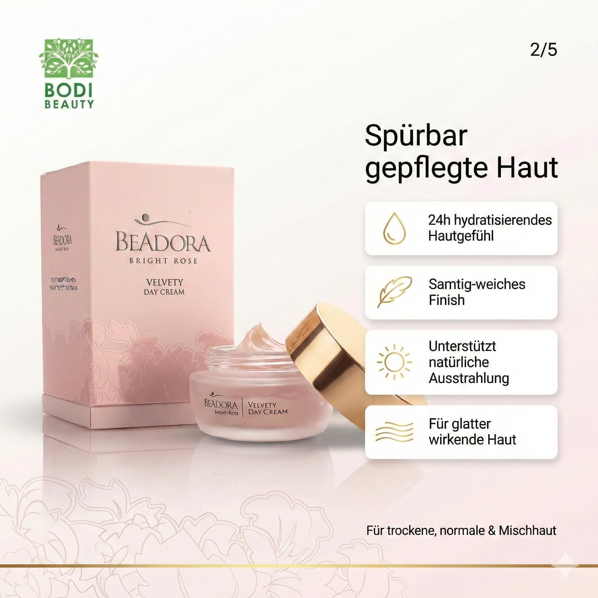 BeAdora Rose Tagescreme 50 ml mit Rosenöl & Hyaluronsäure | Samtige Tagespflege mit Rosenöl, weißem Trüffel & Hyaluron für langanhaltende Feuchtigkeit den ganzen Tag