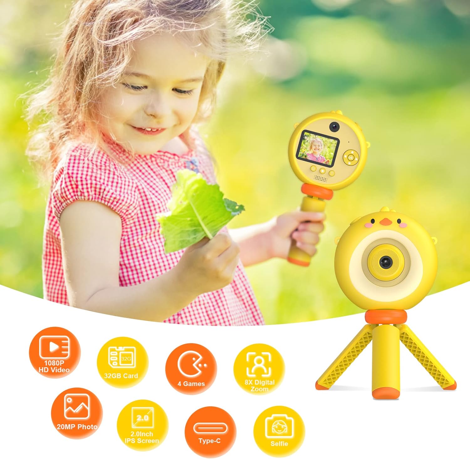 Kids Camera with Tripod, Digital Camera for Kids Aged 3-12, HD Kids Digital Camera with 1080P Video Recording, Durable ABS Material, Toys Camera for Boys Girls with 32GB Card(Yellow)