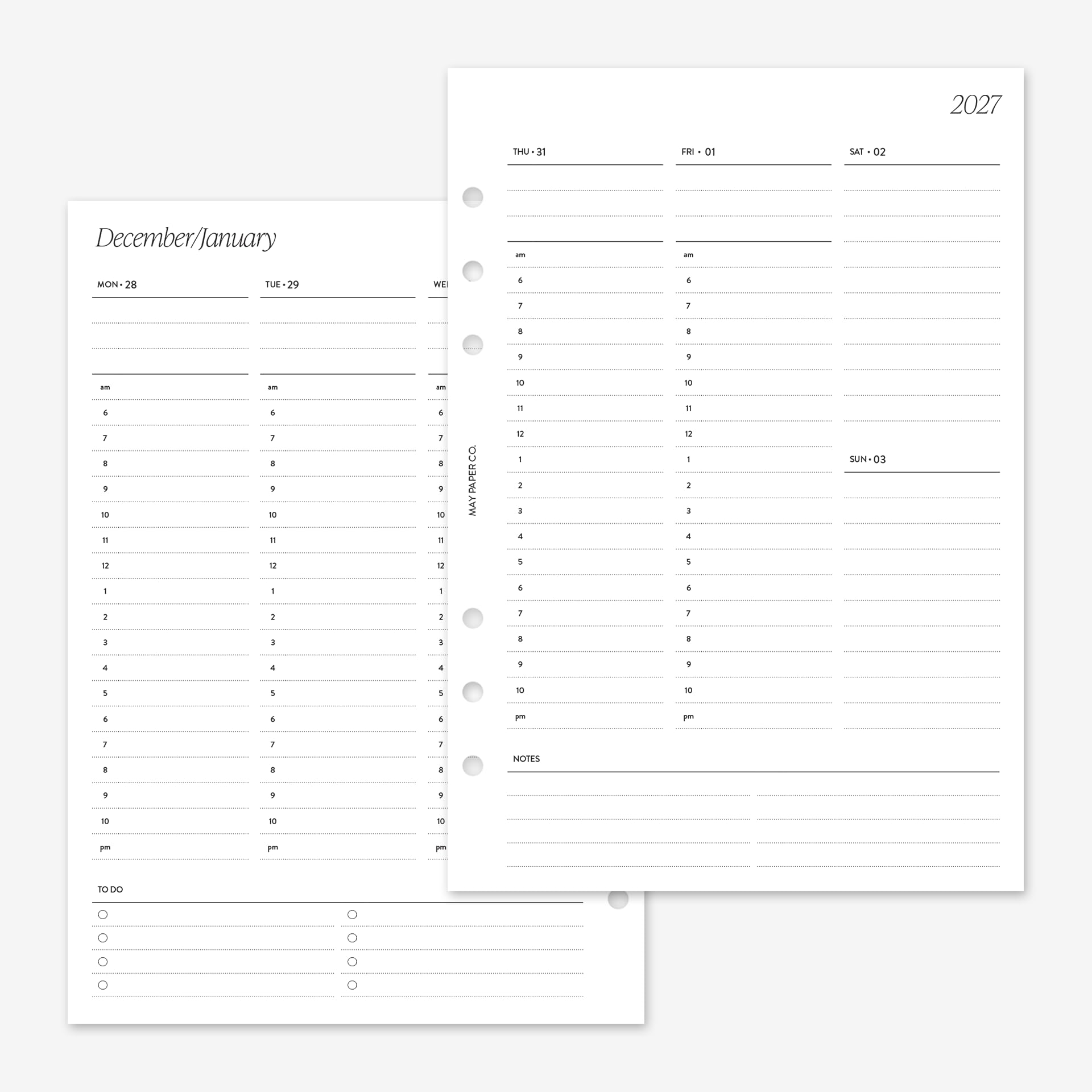 MAY PAPER CO. Ricarica per agenda settimanale 2027, formato A5, settimana su due pagine, per agenda A5 Filofax e LV GM a 6 anelli, 5,8 x 8,3 (verticale oraria)