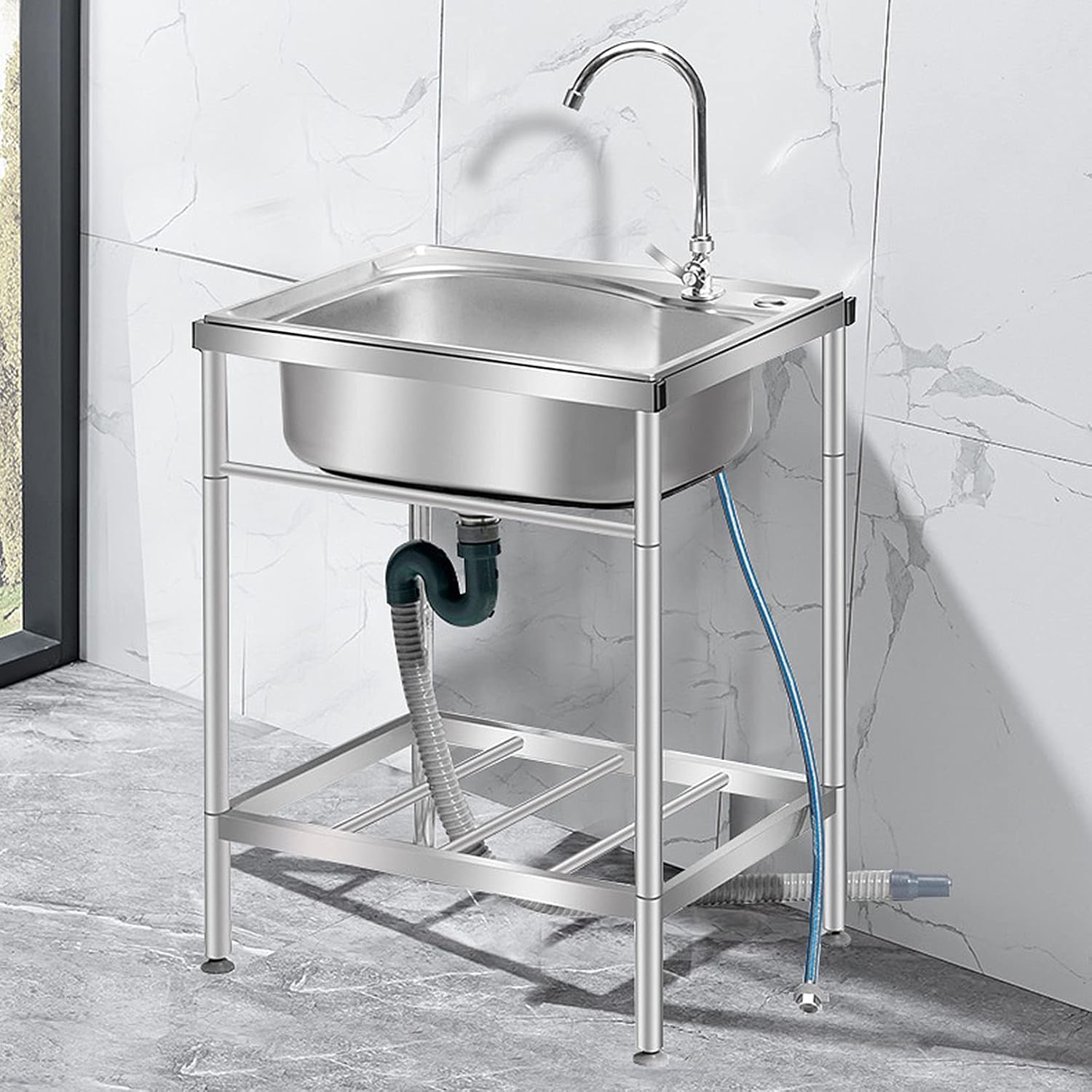 Single Basin Freestanding Sink, Kitchen Stainless Steel with Storage Rack Dining Room Prep Utility Deep Sink for Laundry Room/Outdoor Patio