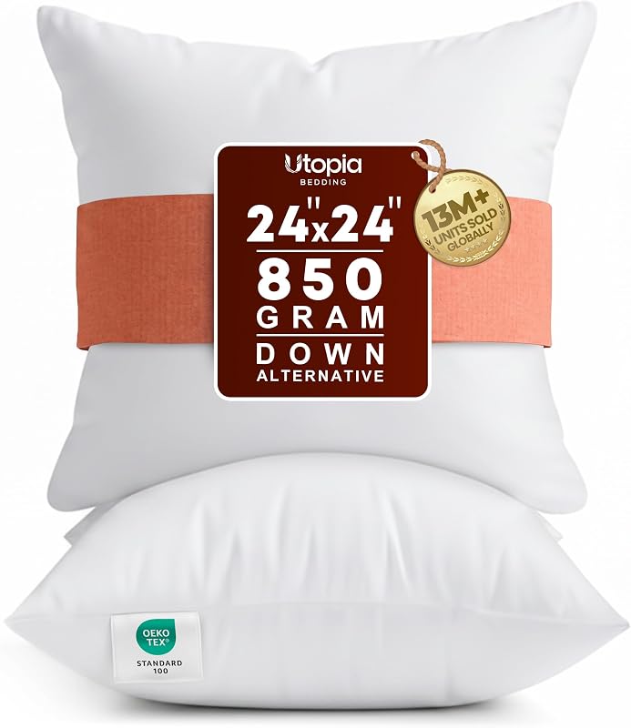 Insertos de almohada de 24 x 24, almohadas blancas para sofá, paquete de 2 | Insertos de cojines de interior para cama, sofá y sofá, Cojines decorativos mullidos y de apoyo para la comodidad diaria, Juego de 2, Blanco