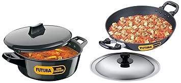 Hawkins - Q55 Futura Non-Stick Round Bottom Deep-Fry Pan with Steel Lid 2.5 Litre and Futura Hard Anodised Cook N Serve Bowl, 3 litres