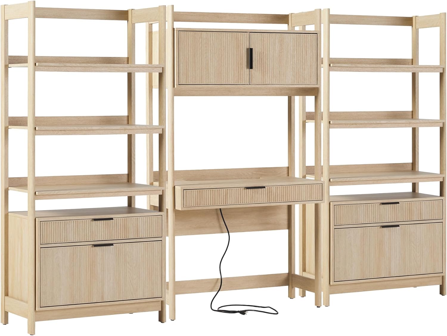 Walker Edison Transitional 3-Piece Hutch Desk with 2 Wide Bookcases, Reeded Drawer Fronts, Built-in outlets and USB Ports, Set of 3, Coastal Oak