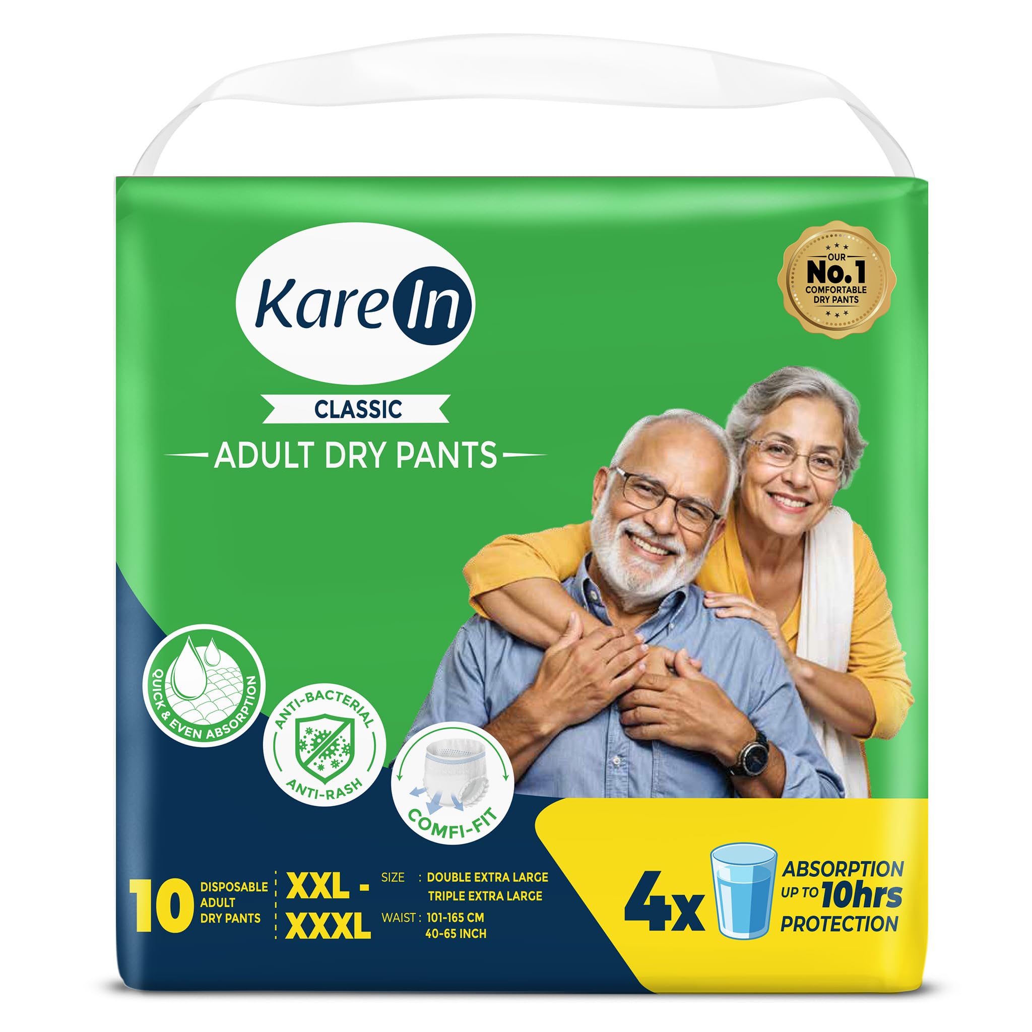 KareIn Classic Adult Diaper Pants, XXL-XXXL, 101-165 Cm (40"- 65"), 10 Count, Unisex, Leakproof, Elastic Waist, Wetness Indicator