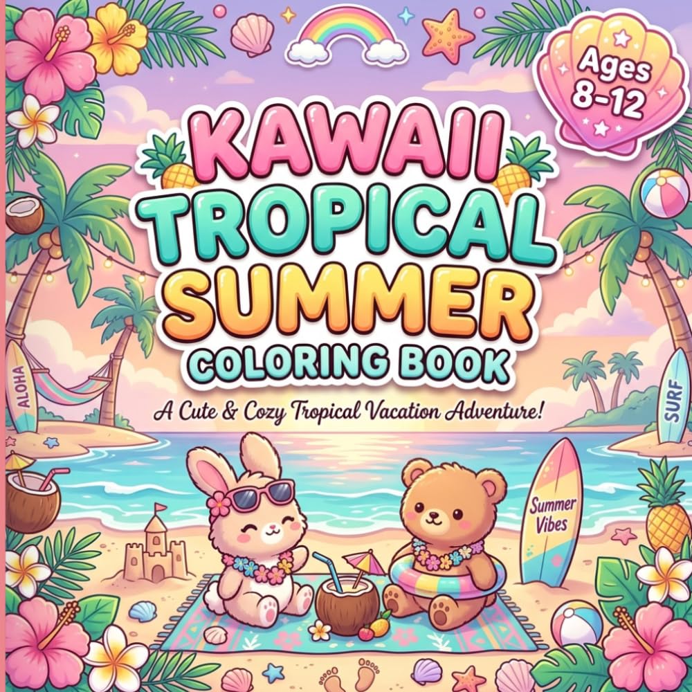 Kawaii Tropical Summer Coloring Book: A Cute & Cozy Tropical Vacation Adventure with Fun Beach Animals, Summer Vibes, Palm Trees, Relaxing Scenes, and Easy Kawaii Coloring Pages for Kids Ages 8-12