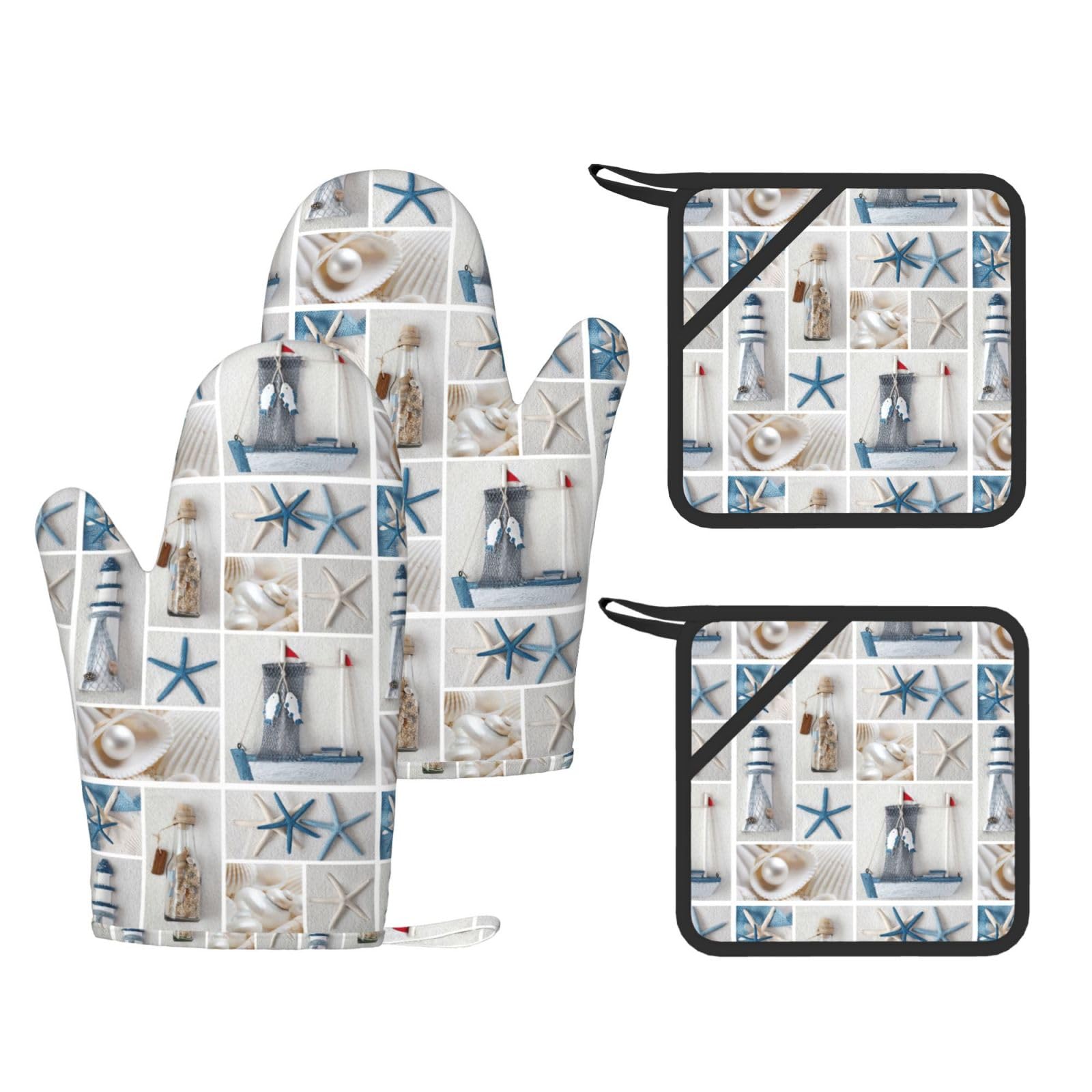 Eeprty Black Starfish And Lighthouse Printed Kitchen Oven Gloves And Potholder 4 Pcs, Non-Slip Heat Resistant Mitts For Baking Chef