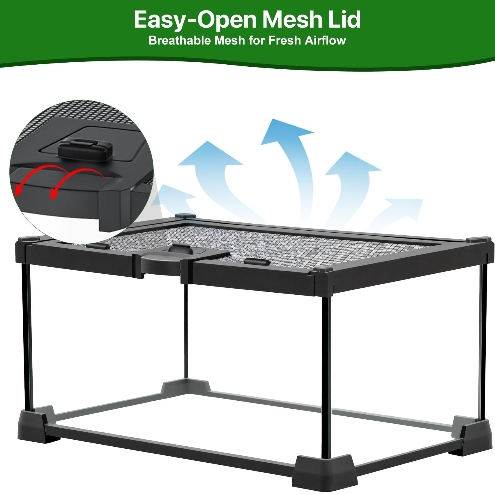 Mini serbatoio di vetro per rettili, 30,5 x 20,3 x 15,2 cm, coperchio in rete con apertura superiore con fermo, vista chiara a 360°, recinzione ventilata per ragni saltatori, tarantole, isopodi e rane
