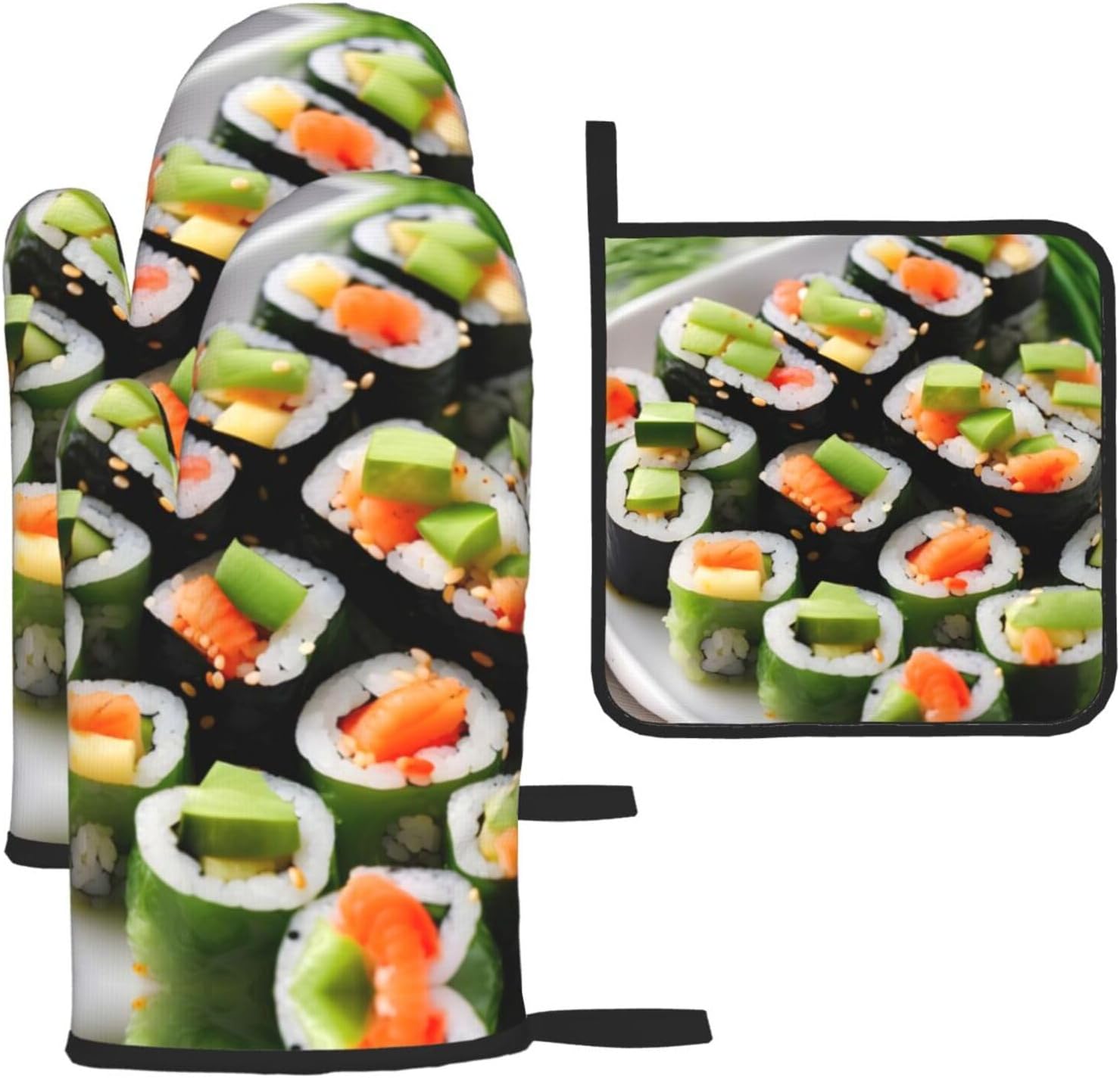 Sushi Dill Pickles Print Heat Resistant Microwave Gloves, Used for Baking, Cooking, and Fashion Kitchen Essentials