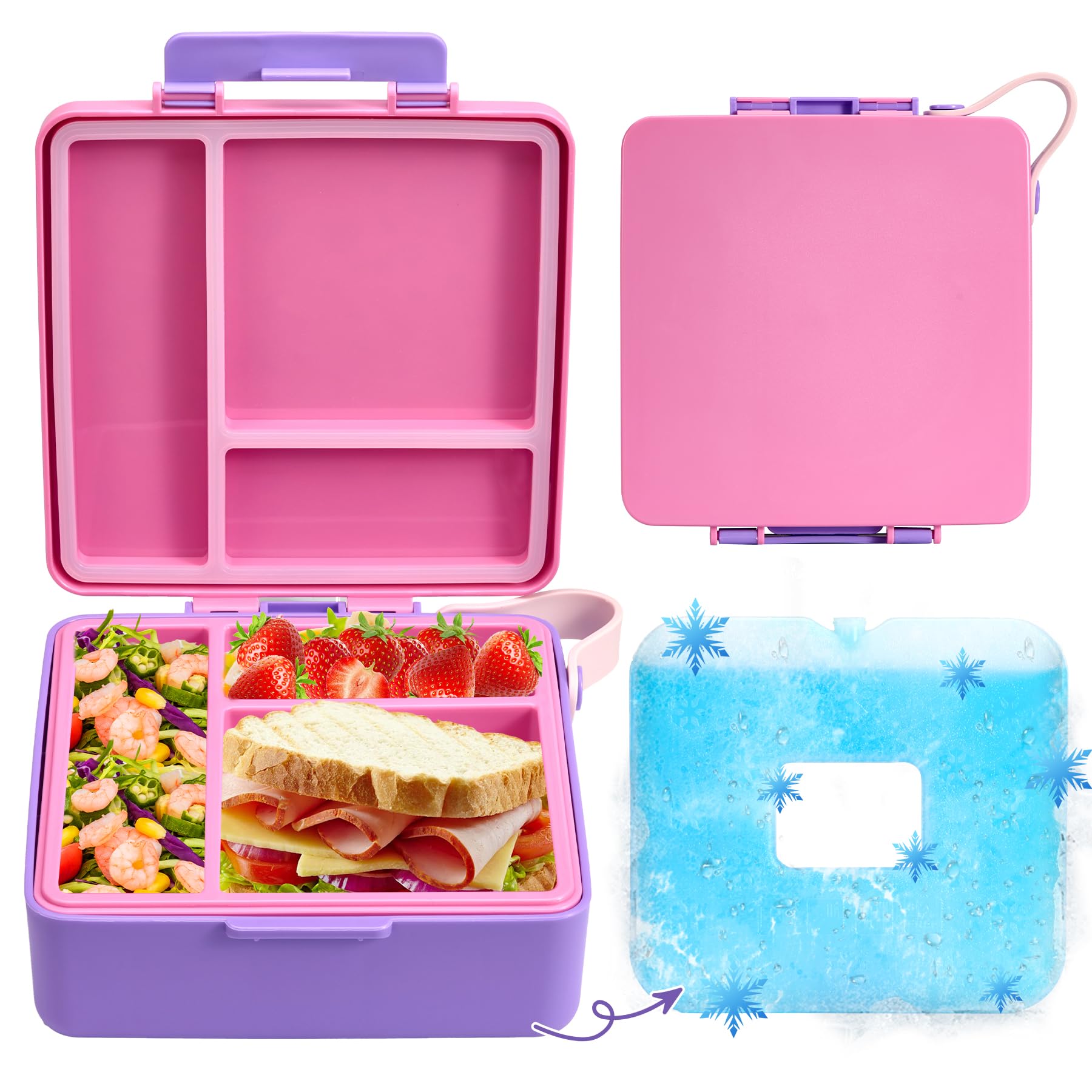 Chill Bento Lunch Box for Kids Adult,Bento Box with Ice Pack,Leak Proof 3-Compartment Lunch Container Kids, Ice Pack Detachable Lunch Box BPA Free, Microwave & Dishwasher Safe (Pink)
