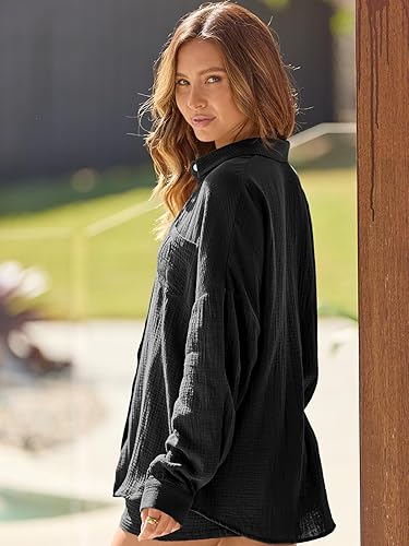 Miniatura 6 de AUTOMET 2 Piece Outfits For Women Lounge Sets Pajama Sets Long Sleeve Button Down Oversized Shirts And Shorts Fall Tracksuit