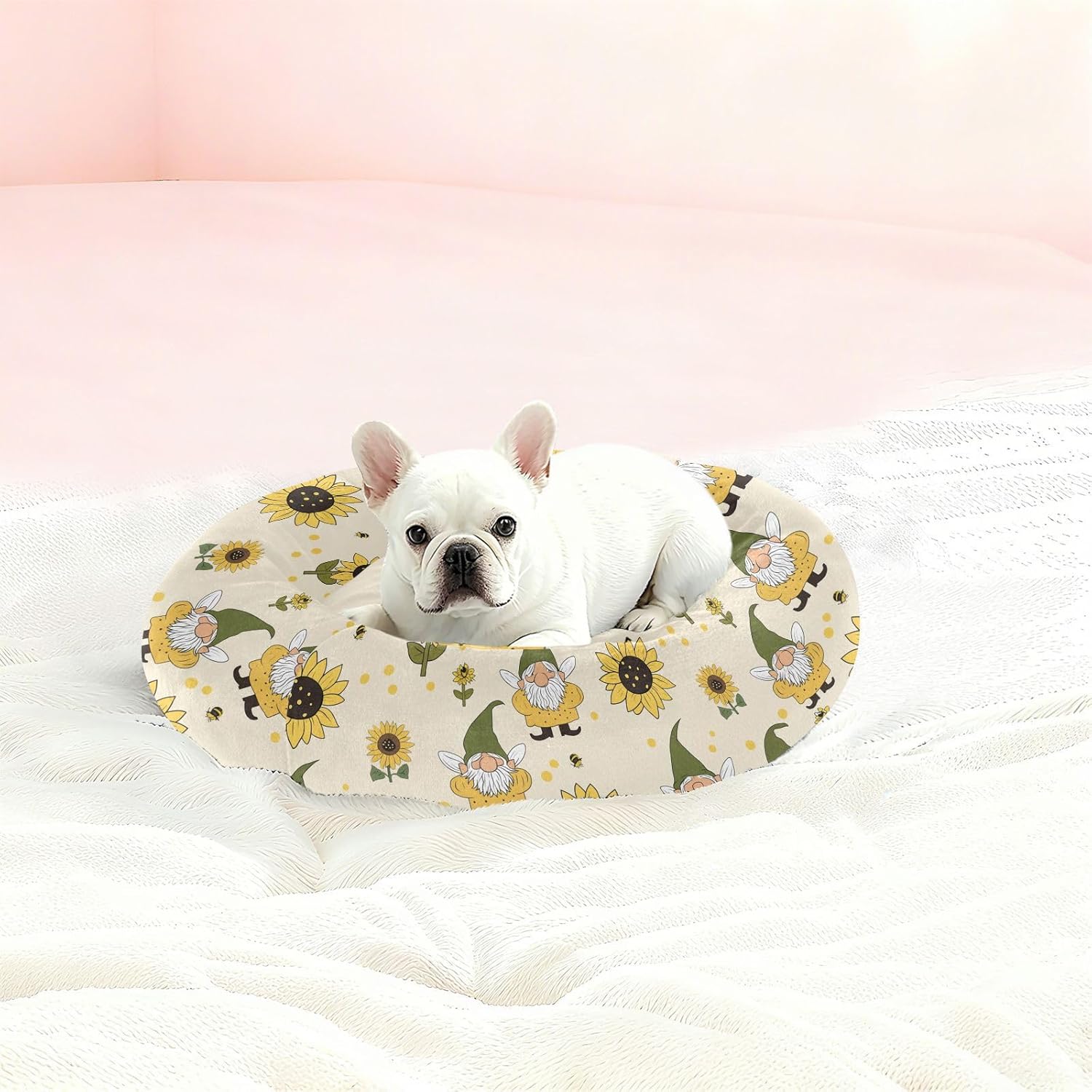 Pet Dog Bed Removable & Washable Fluffy Cat Pillow Bed for Extra Small Size Pets Sleeping M Sunflowers Gnomes Bees