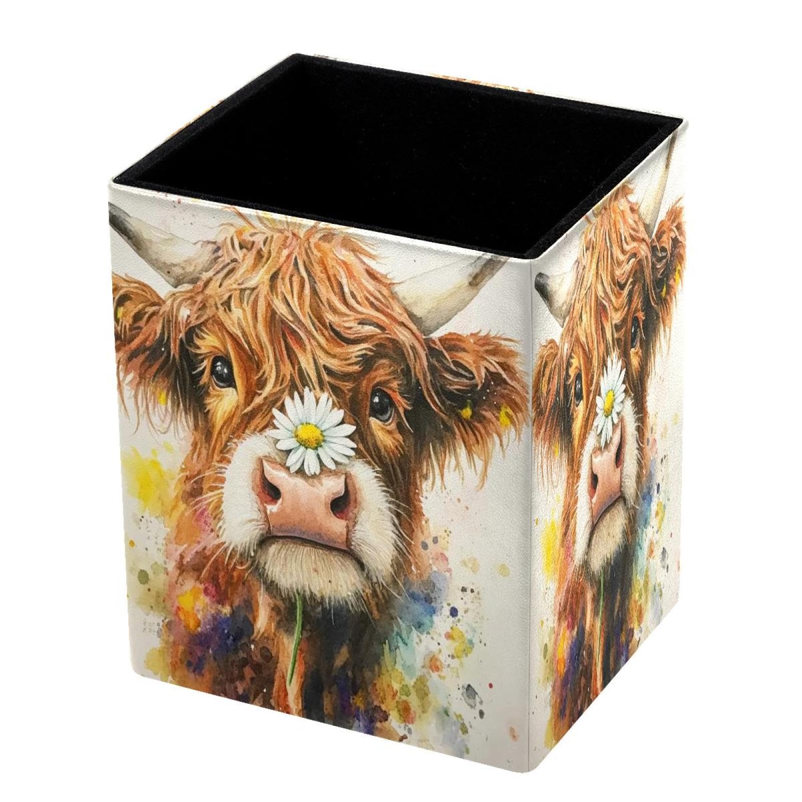 DragonBtu Desktop Pencil Holder, Watercolor Cow Rectangular Pencil Cup, Pencil Storage Bag Office Desk Supplies Case for School, Kids