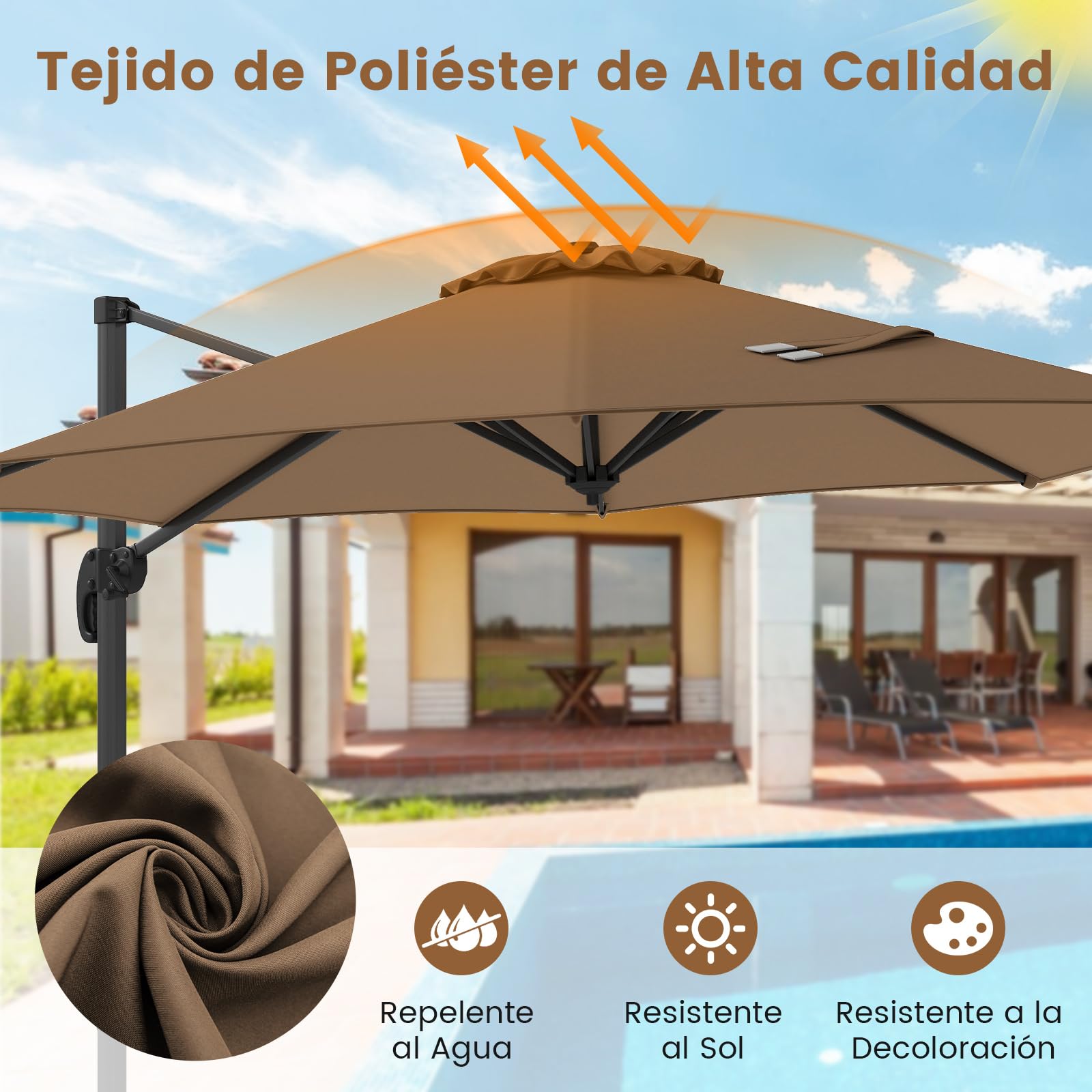 COSTWAY Sombrilla Terraza Exterior 3x3 m, Parasol Jardin Redondo con Rotación de 360°, Base Cruzada, 5 Inclinaciones Ajustables, 8 Varillas, Manivela, Sombrilla Excéntrica para Jardín Patio