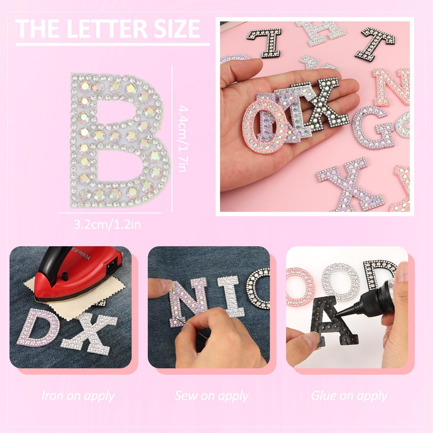 104 Pcs Rhinestones Iron on Letter Patches A-Z Bling Glitter Alphabet Applique for Sew on Clothes Bags Hats DIY Craft Supplies (4 Colors)