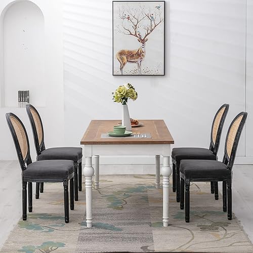 Miniatura 4 de QUINJAY Juego de 2 sillas de comedor estilo granja, tapizadas de lino, estilo vintage, con respaldo redondo de ratán, sillas de comedor antiguas con