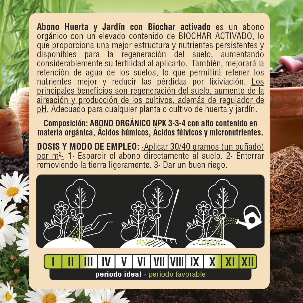 Bio-Flower Abono Orgánico con Biochar Activado para Huerto y Jardín, 800g, NPK 3-3-4, Fertilizante Natural