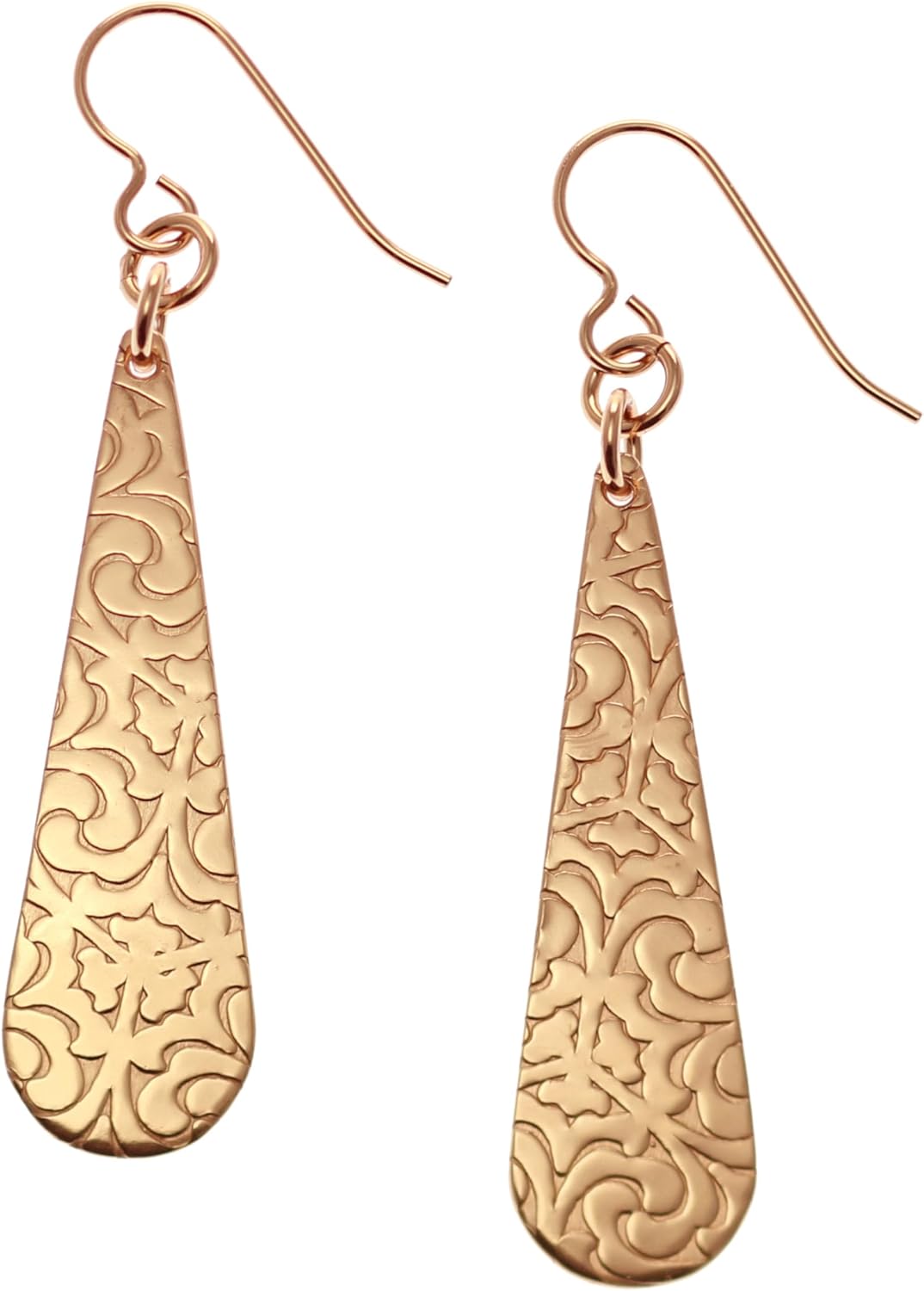 John S Brana Damask Embossed Bronze Long Teardrop Earrings