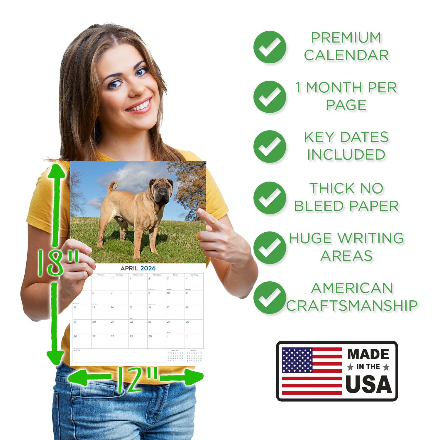 Calendario 2024 2025 Shar Pei – Calendario mensile da parete con razza canina – 30,5 x 45,7 cm aperto – carta spessa senza sbavature – regalo – calendario per insegnanti accademici per organizzare e