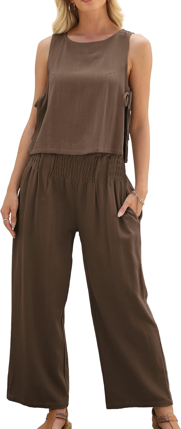 Women's Summer 2 Piece Outfits Linen Sleeveless Crop Top Palazzo Wide Leg Pants Pockets Beach Lounge Set