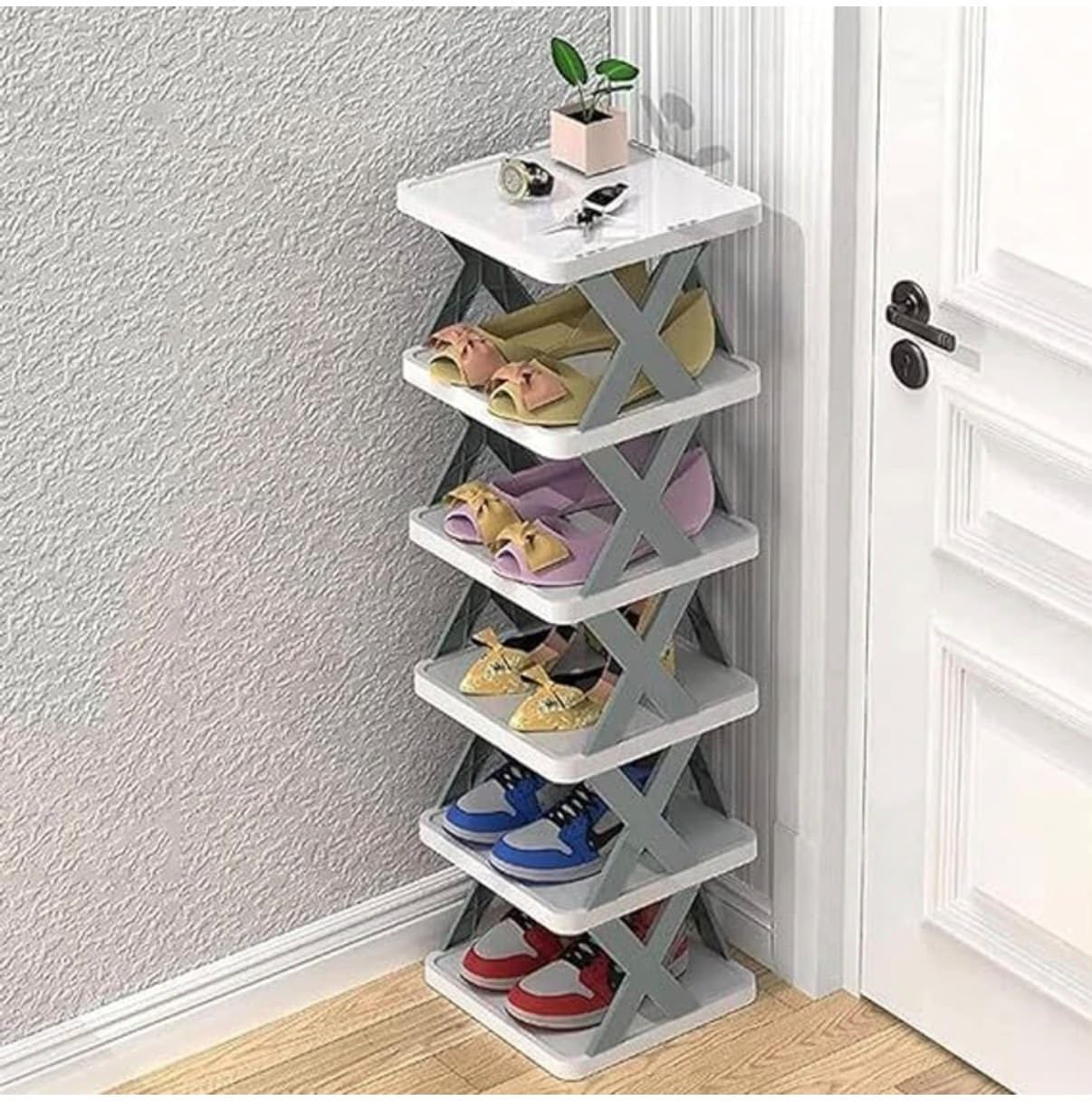 Foldable Multi-Tier Shoe Rack, No Assembly Required, Space-Saving Vertical Storage Stand, Grey and White-image-32