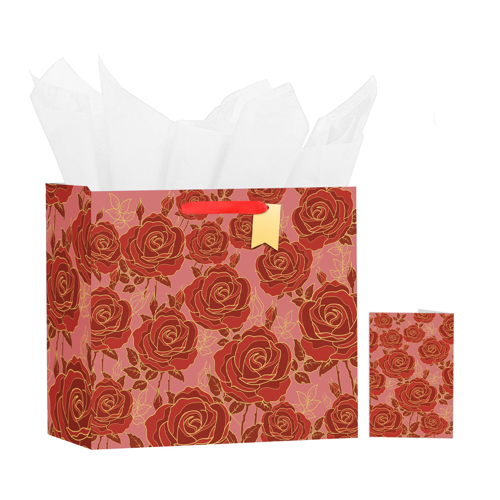 Bloomwords 13" Valentines Day Gift Bags with Card Tissue(Rose Flower) - Birthdays, Valentine’s, Weddings, Anniversaries, Kit includes Card and Tissue