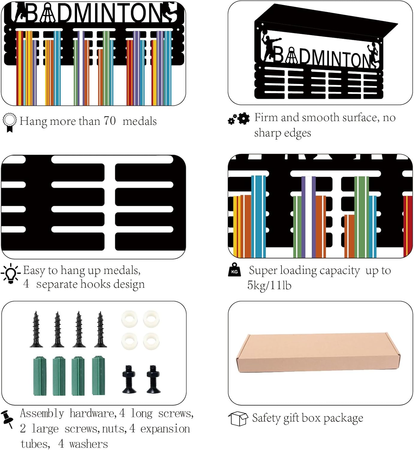 CREATCABIN Badminton Medal Hanger Display Trophy Shelf Medal Holder with Shelf Stand Sports 4 Rows Metal Hanging Wall Mount Frame Hold 70+ Medals for Run Competition Ribbon Medals Rack 15.7x7.9Inch