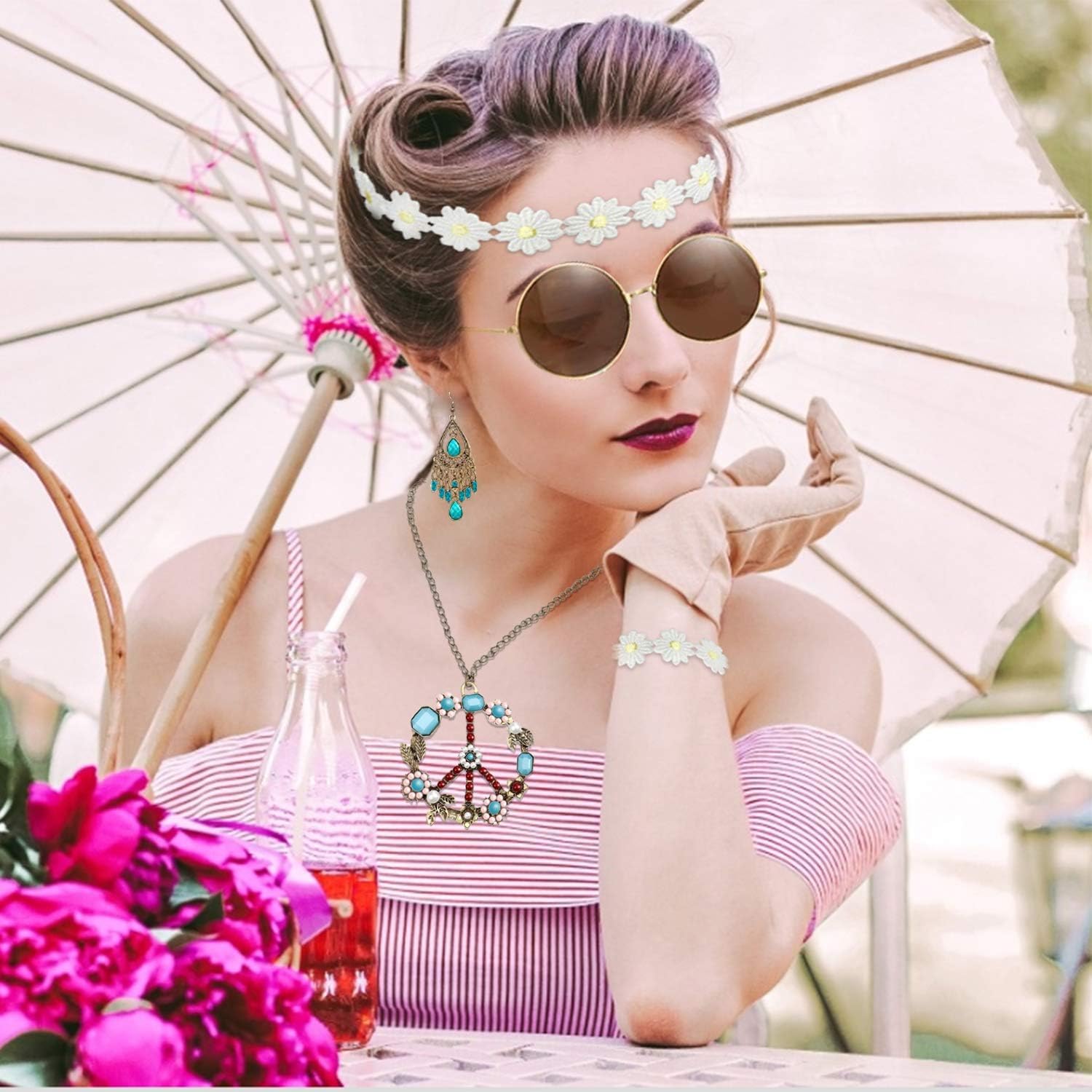Alintor Hippie Accessoires für Schlagermove Outfit Damen, Flower Power Zubehör für Hippie Kostüm, 60er 70er Jahre Bekleidung, Peace Kette, Brille